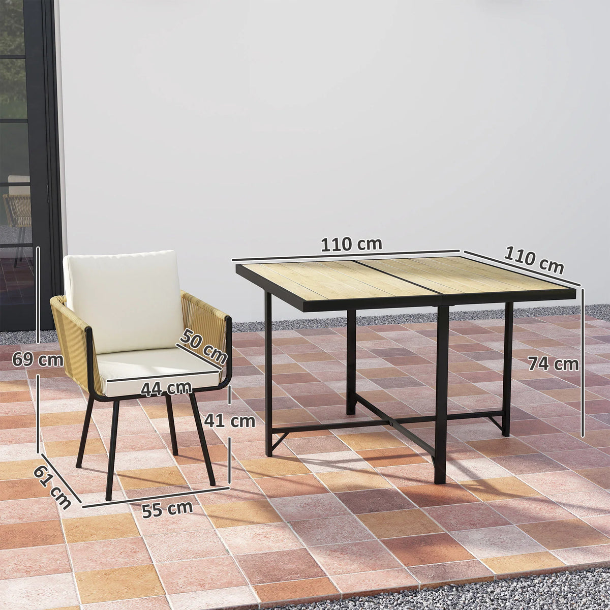 Beige armchair and black outdoor table with labeled dimensions