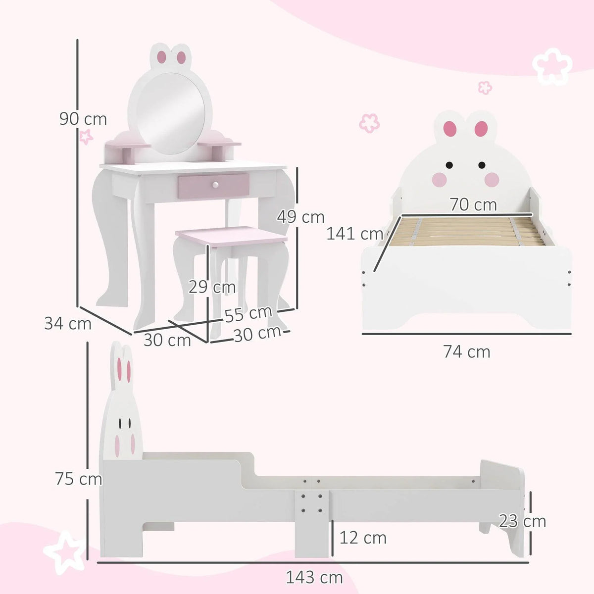 Kids bunny dressing table vanity with mirror, shelf, and stool, size diagram