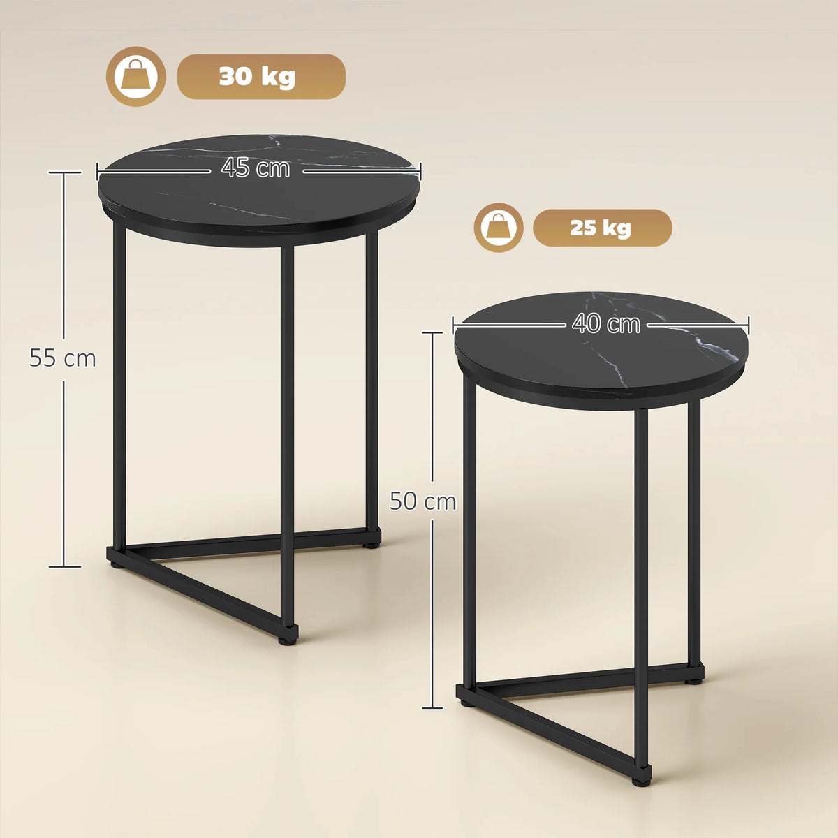 Two round nesting tables with black frame; height views for small and large.