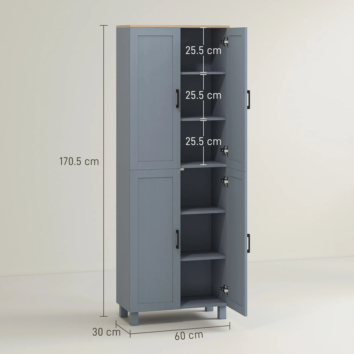 Grey kitchen cupboard cabinet, open front view with 170.5 cm height and shelves