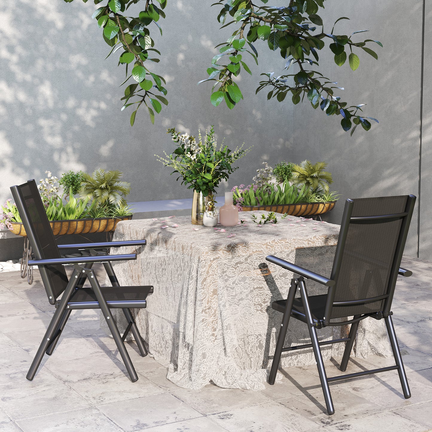 Outsunny Two Pack Folding Garden Chairs With Aluminum Frame And Breathable Mesh Seats For Outdoor Balcony Use Black