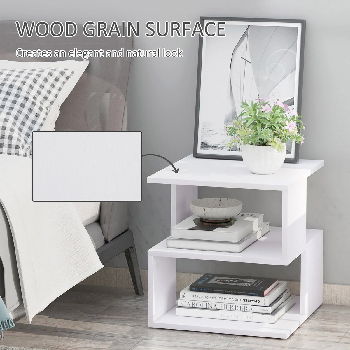 White square two-tier end table with open lower shelf and wood-grain style top.