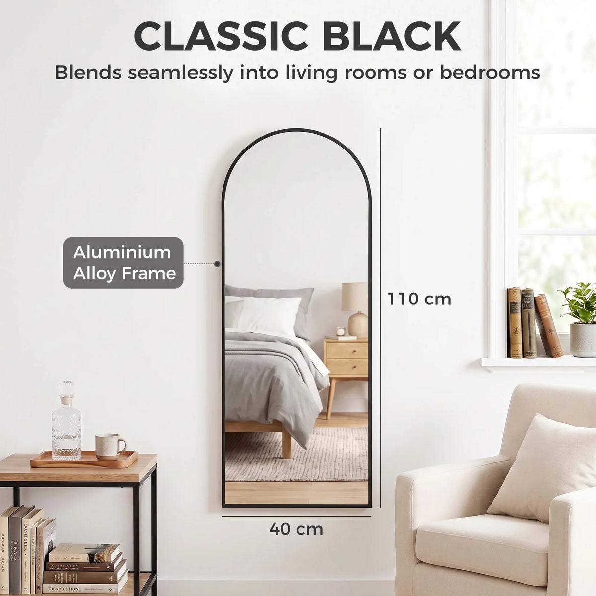 Arched full-length wall mirror with classic black frame, 40 cm wide and 110 cm tall