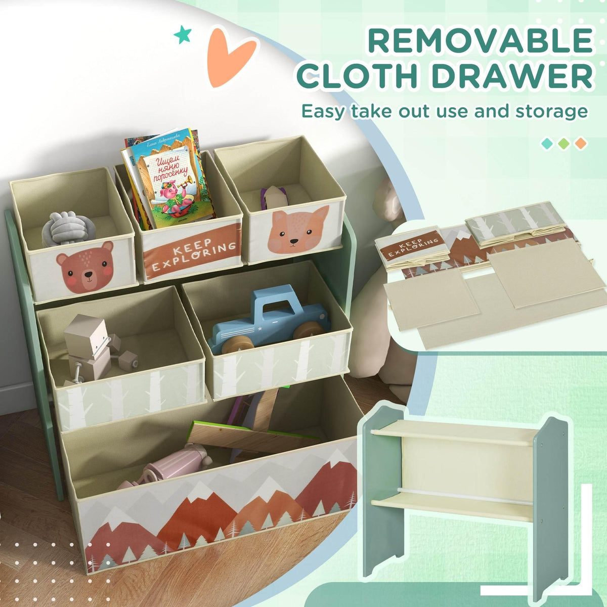 Kids green storage unit with removable cloth drawer and 6 fabric storage bins