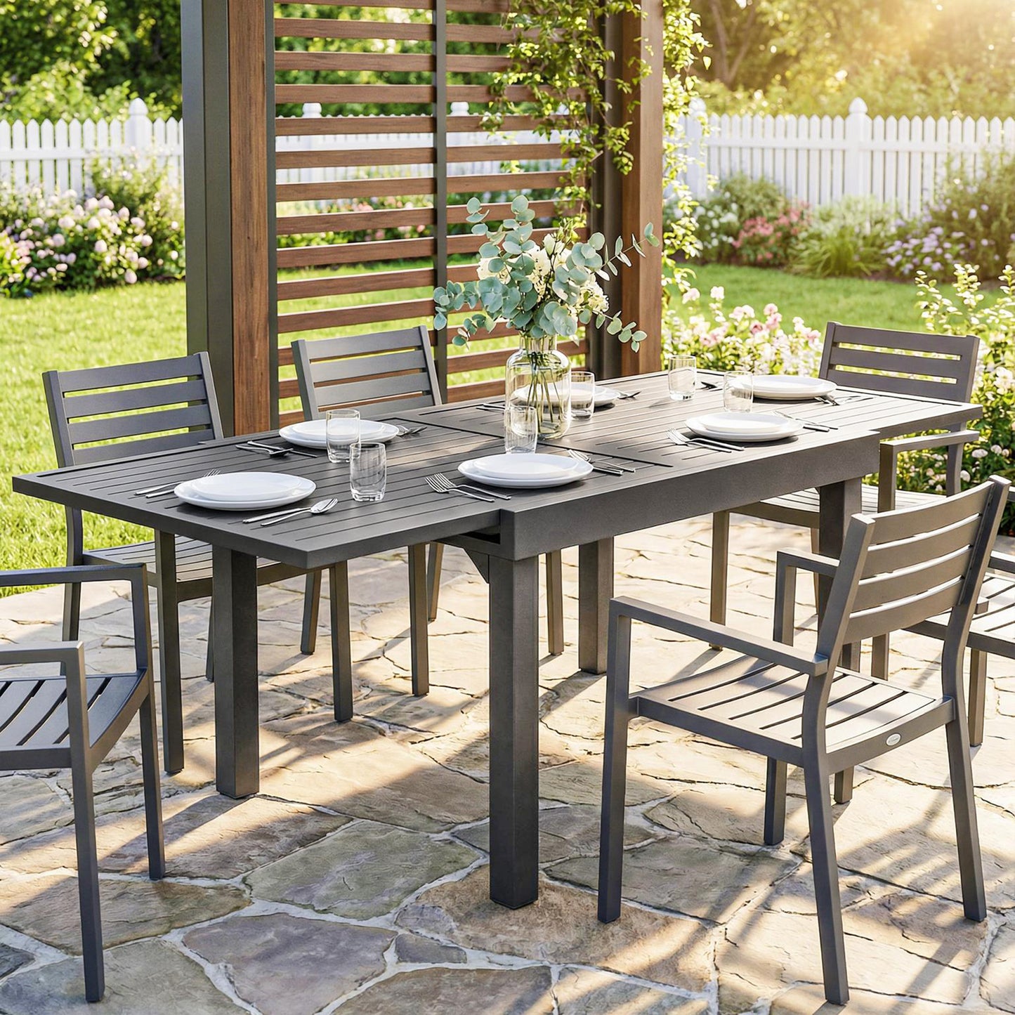 Outsunny Extending Outdoor Garden Table For 4 To 8 People With Slatted Aluminium Top Dark Grey