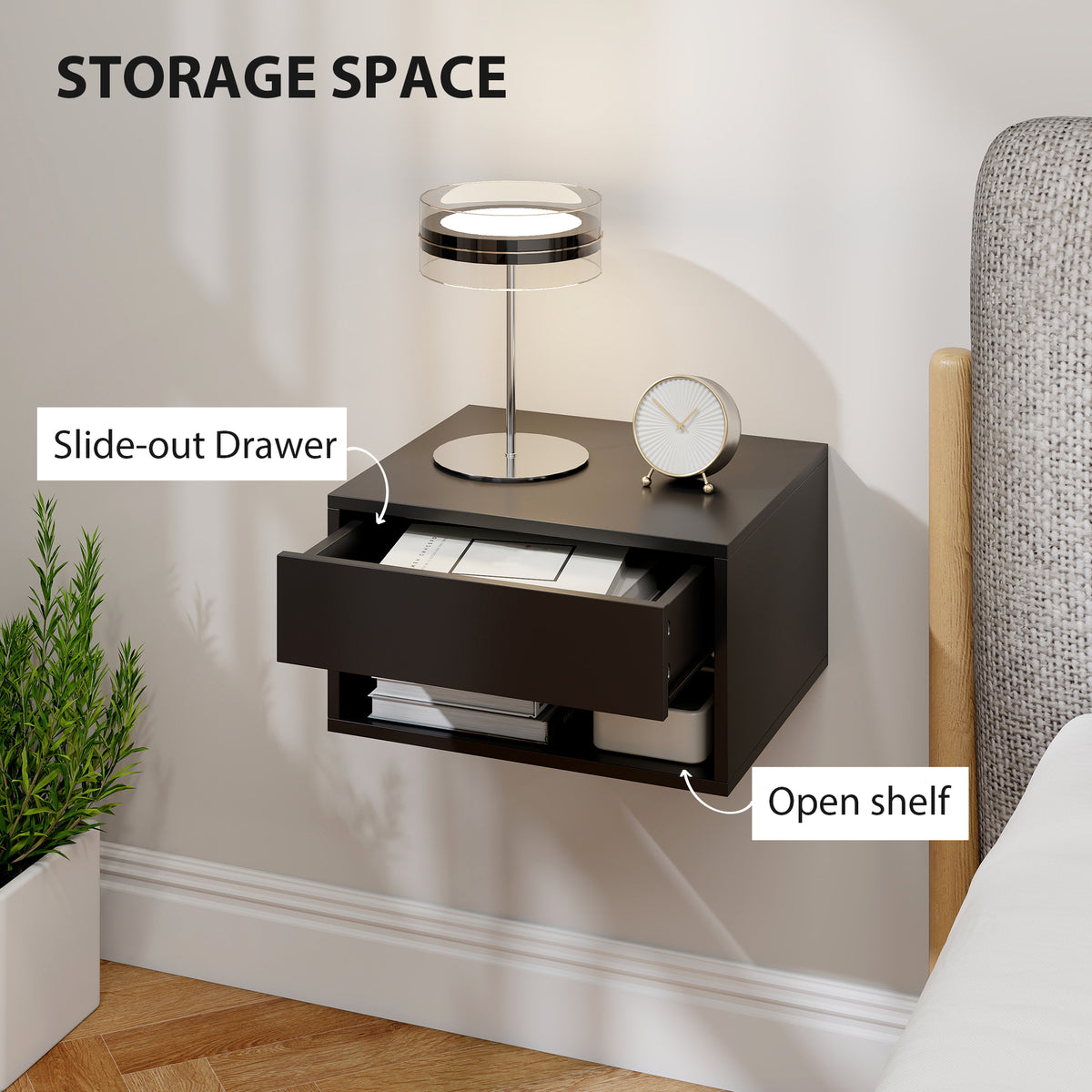 Black floating nightstand featuring slide-out drawer and open shelf