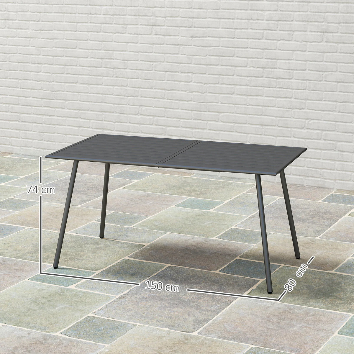 Grey outdoor rectangular slat-top table with slim steel legs on patio tiles