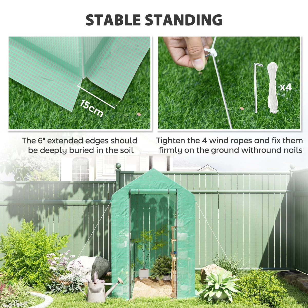 Green walk-in greenhouse with PE cover, steel frame, and ground-stabilizing tie ropes