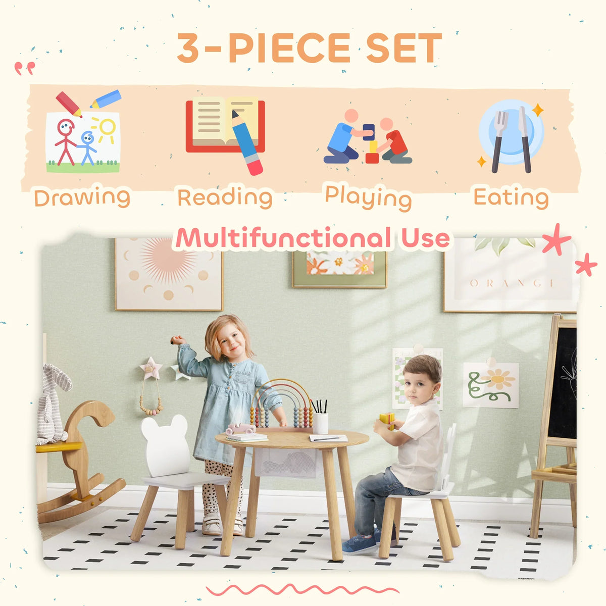 Kids 3-piece activity table set with bear-back chairs for drawing, reading, and eating