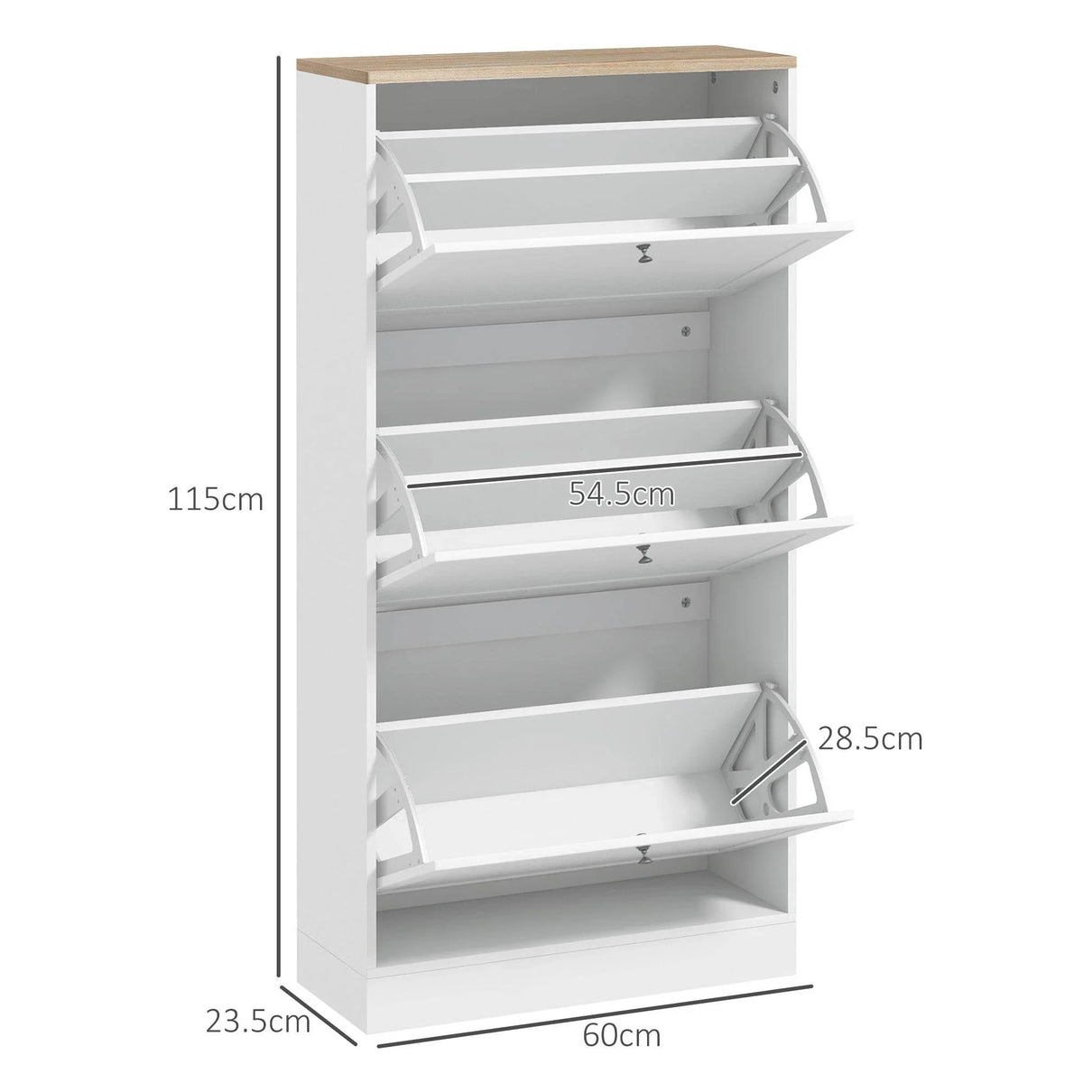 White shoe cabinet open view with tiered flip compartments for shoe pairs