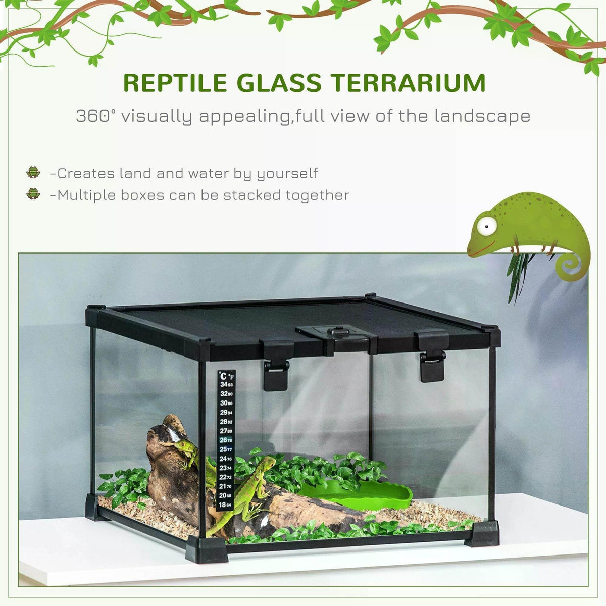 Reptile glass terrarium with black frame, green bedding, and built-in thermometer strip