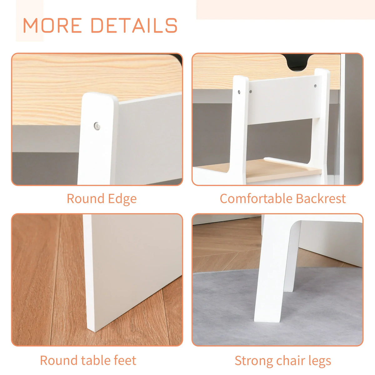 Close-up of white kids desk and chair set details: rounded edges, backrest, and sturdy legs