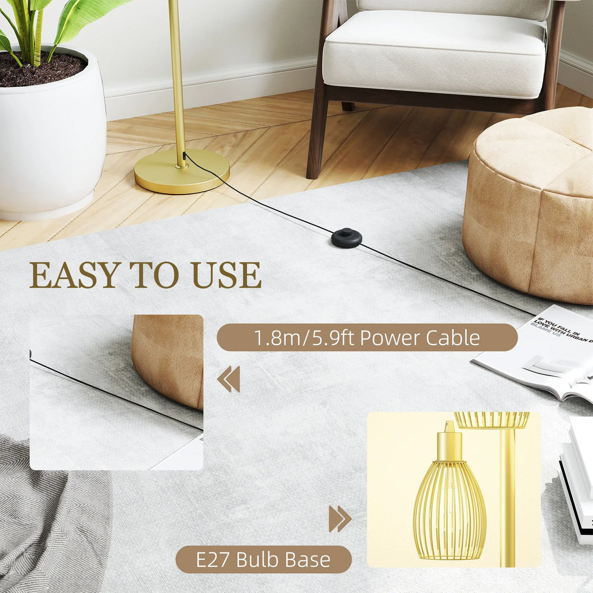 Gold three-light floor lamp with three wire cage shades and attached power cord
