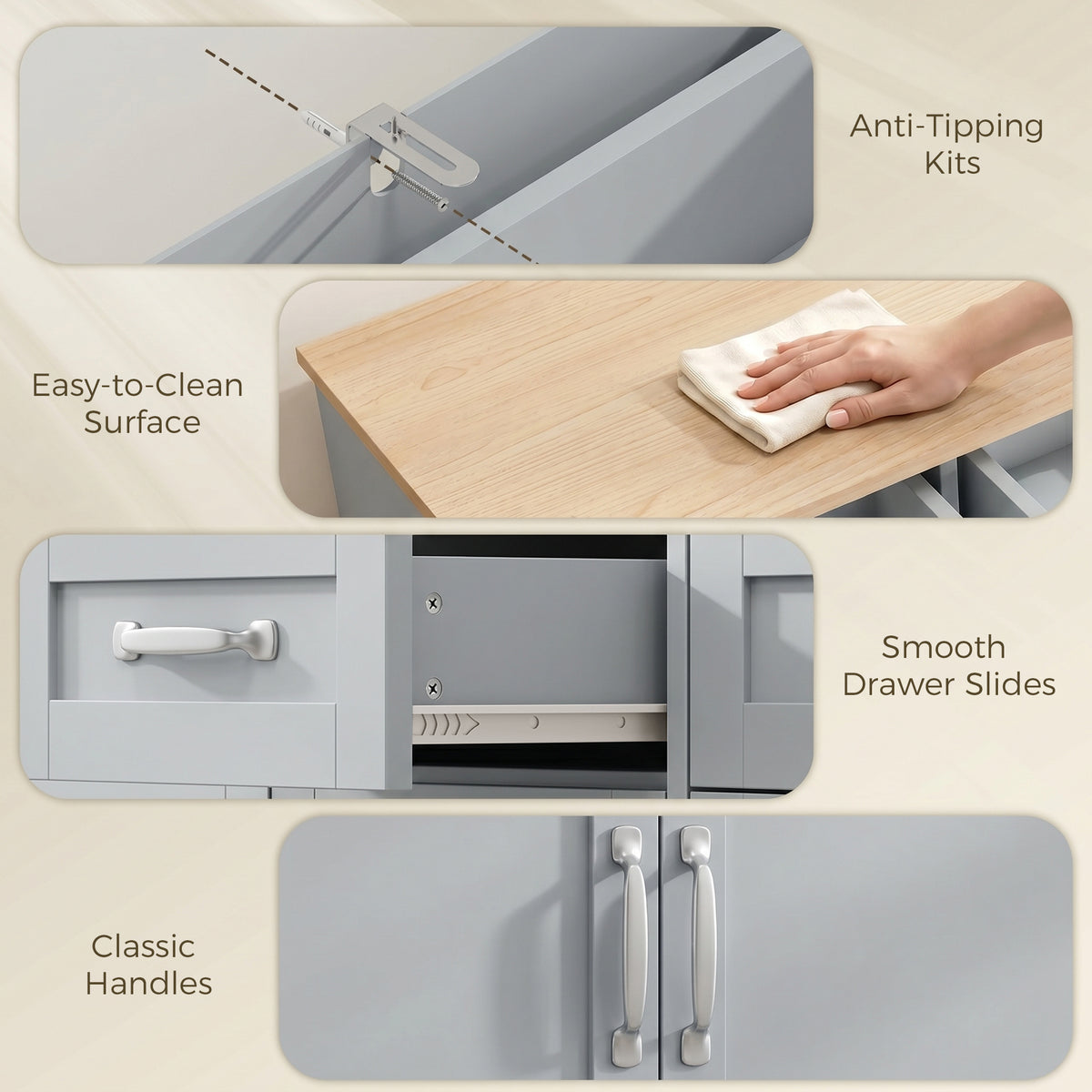 Grey sideboard cabinet details: classic handles, smooth drawer slides, easy-clean surface