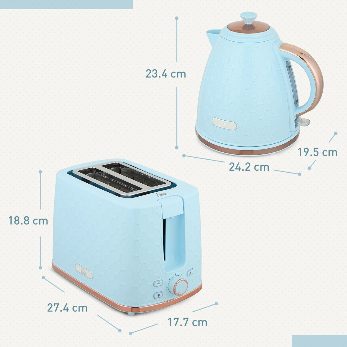 Light blue electric kettle and 2-slice toaster set with side profiles and size labels
