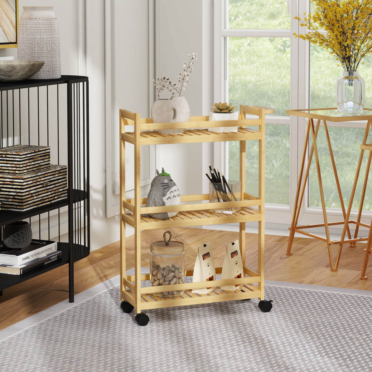 Bamboo 3-tier storage trolley with open shelves and rolling caster wheels