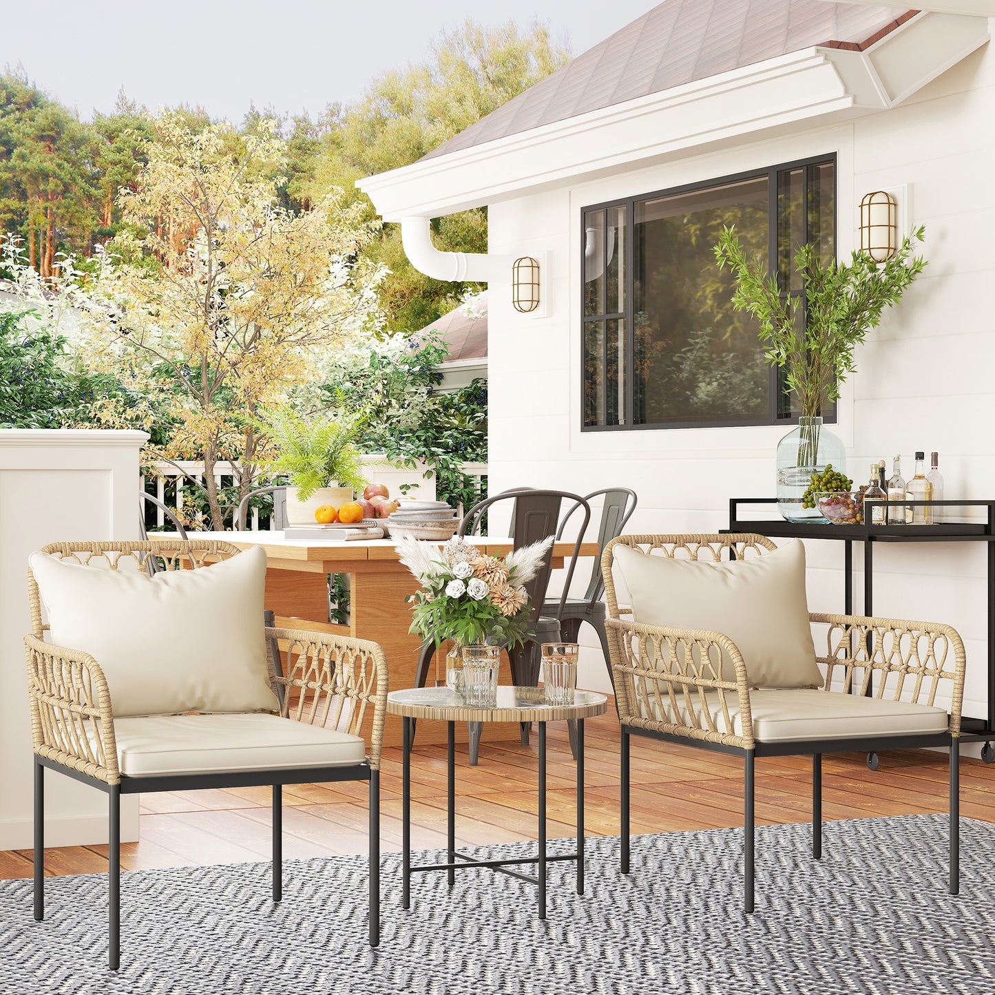 Outsunny 3 Piece Rattan Bistro Set Outdoor Wicker Garden Furniture With Cushions Glass Top Table And Chairs Beige
