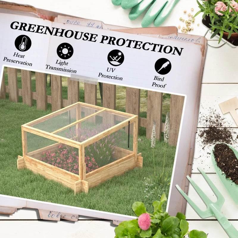 Natural wood greenhouse planter box with clear cover panels for raised planting