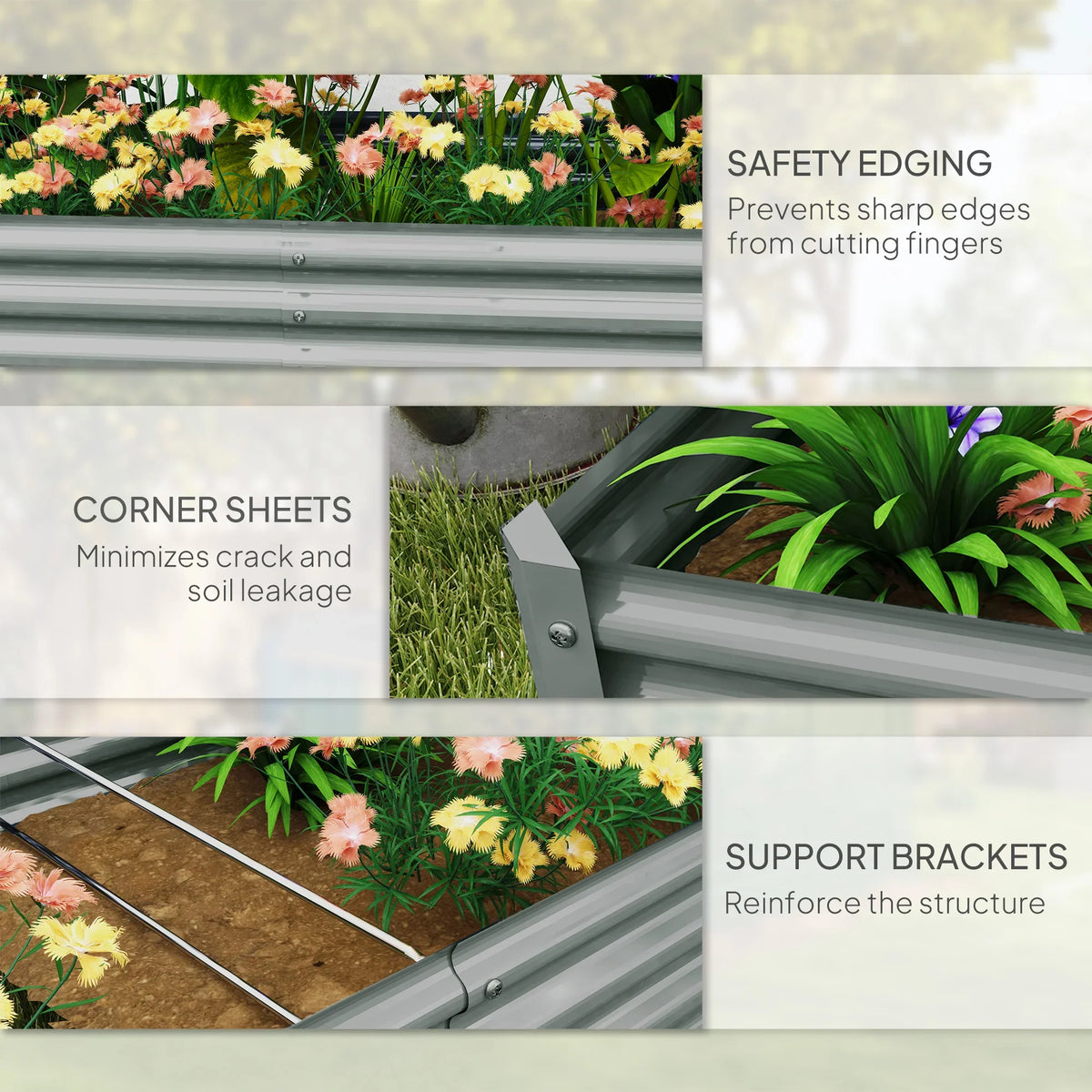 Grey galvanised steel planter corner and side brackets detail with planted greens
