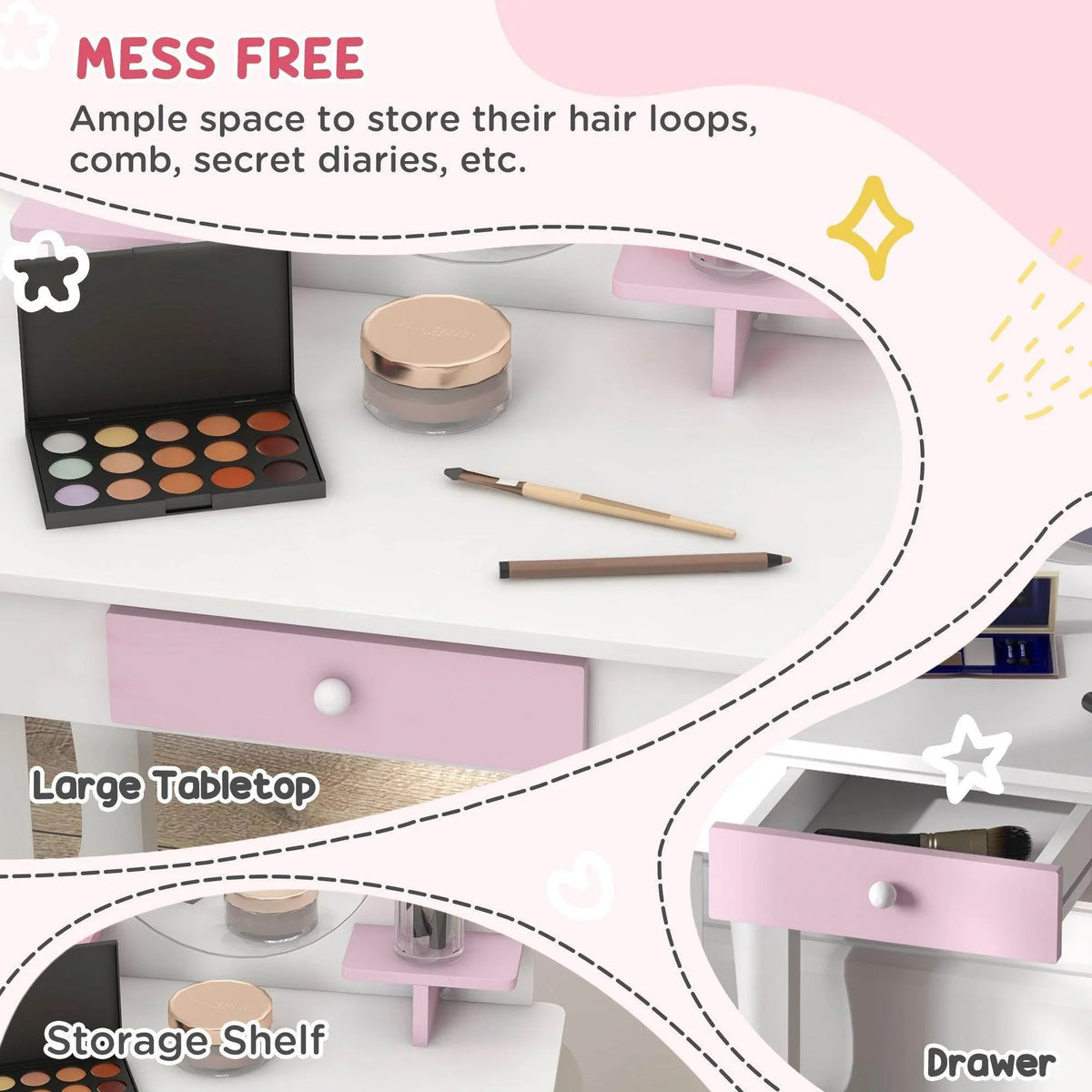 Kids bunny dressing table set with tabletop storage, shelves, and drawer