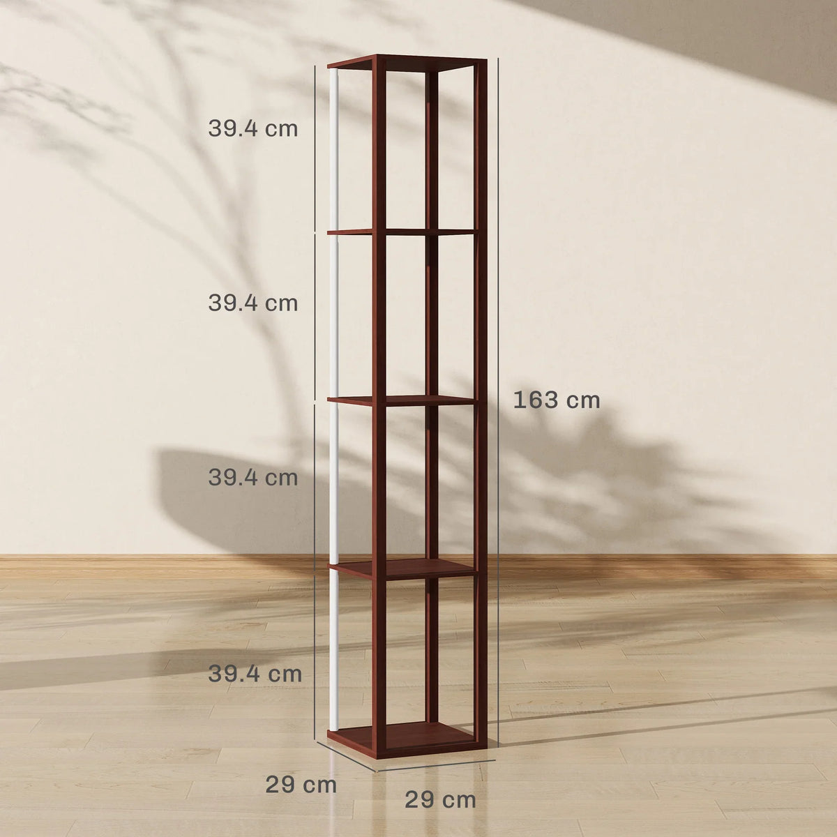Brown standing RGB LED floor lamp with vertical frame and four shelves, with size markers