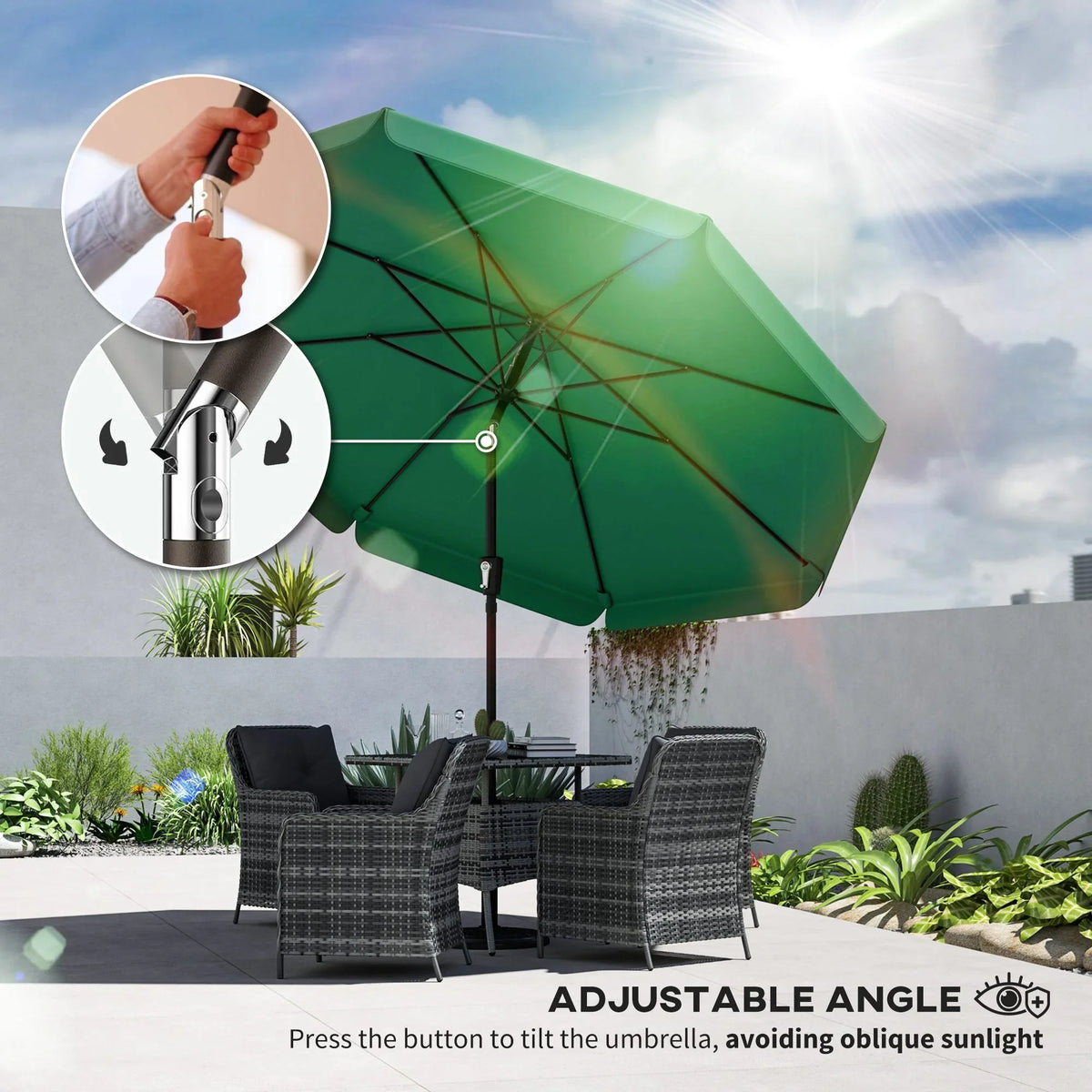 Green tilting patio umbrella parasol with adjustable angle crank mechanism