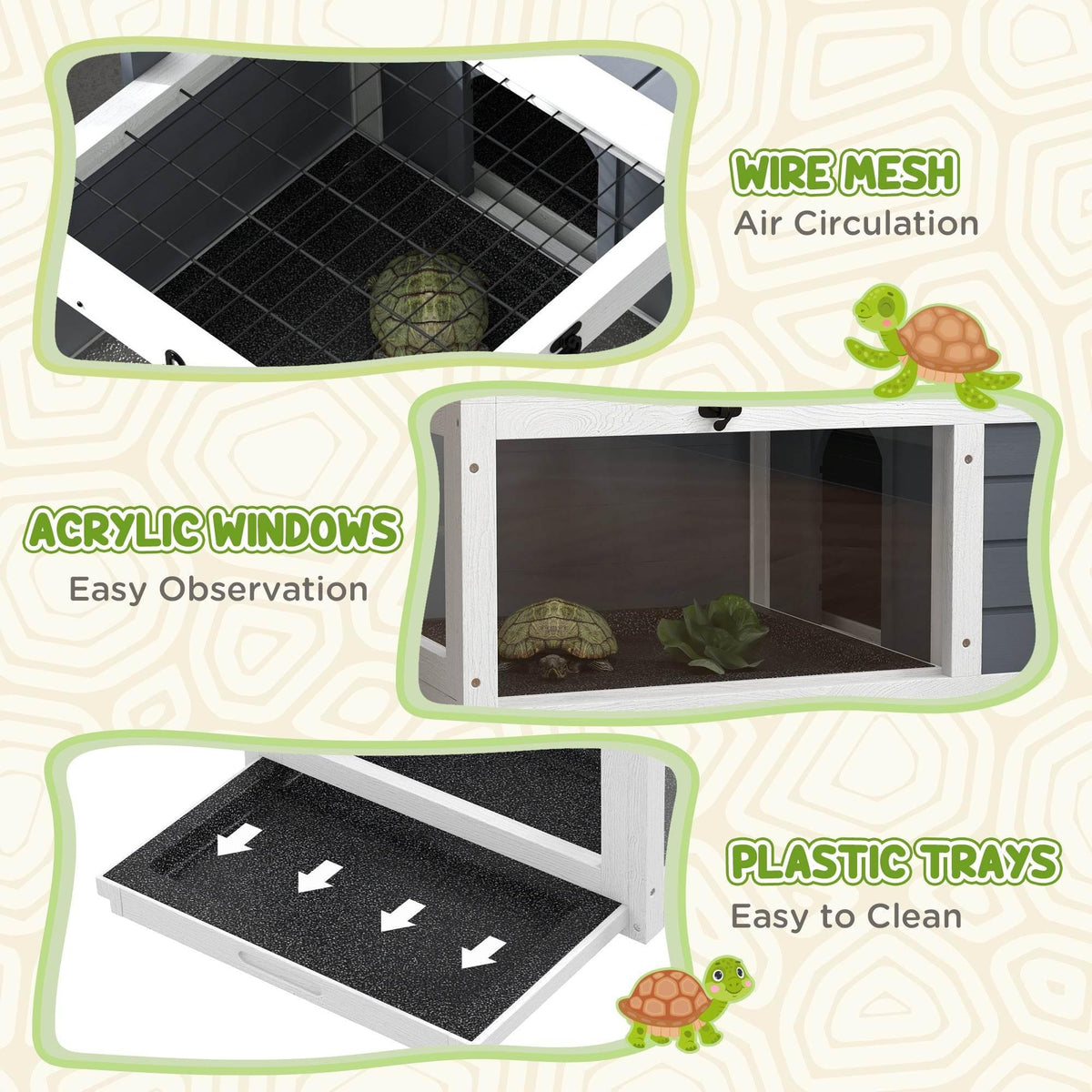 White tortoise habitat with wire mesh, clear acrylic windows, and pull-out plastic trays