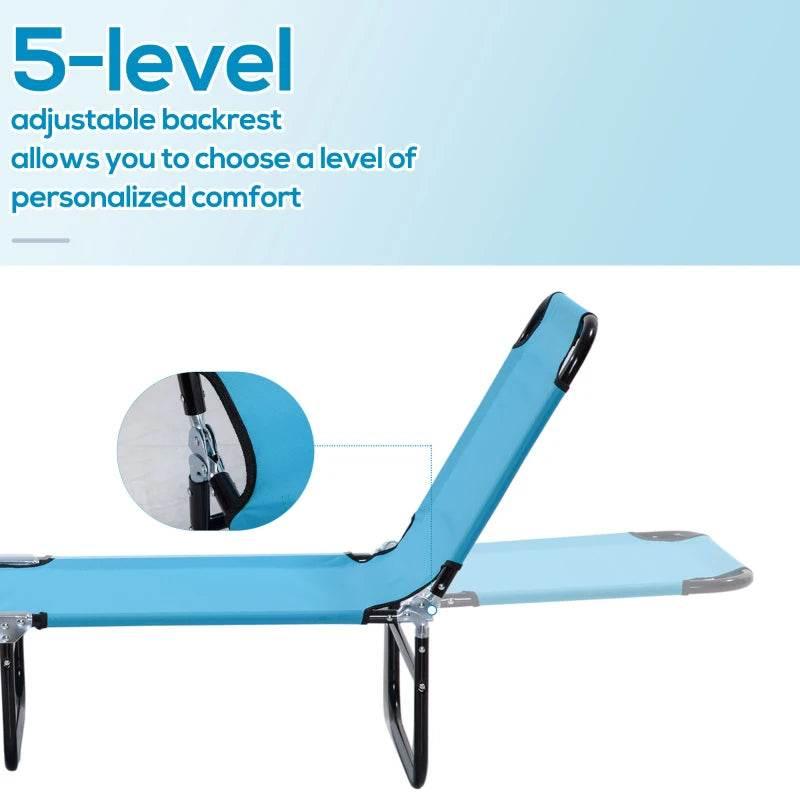 Light blue sun lounger with raised adjustable backrest and supporting metal struts