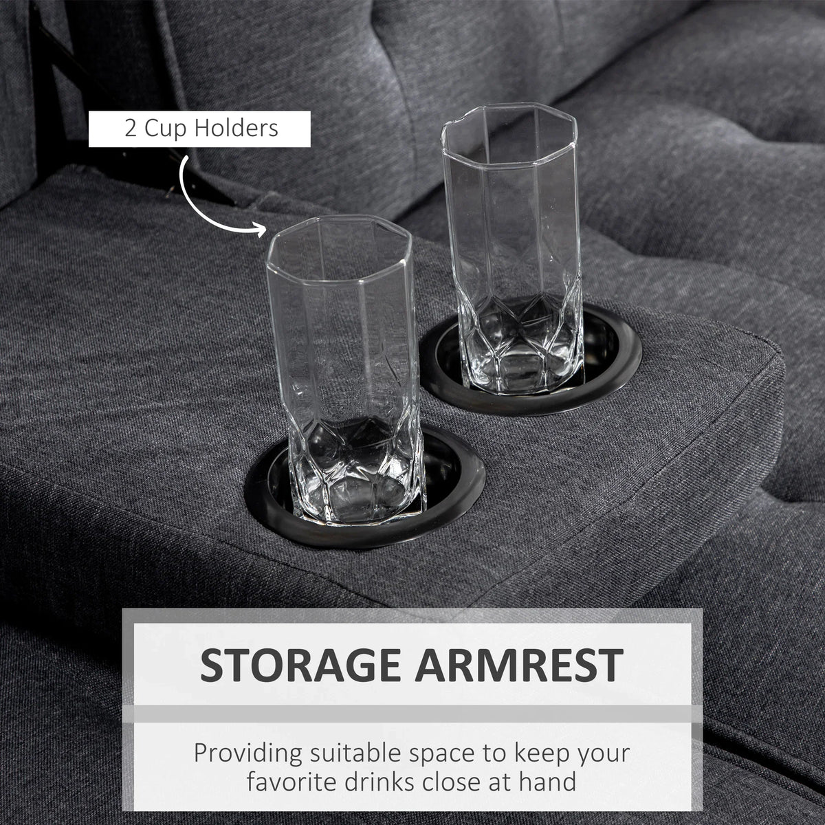 Dark grey sofa bed with two clear cup holders set into the armrest area