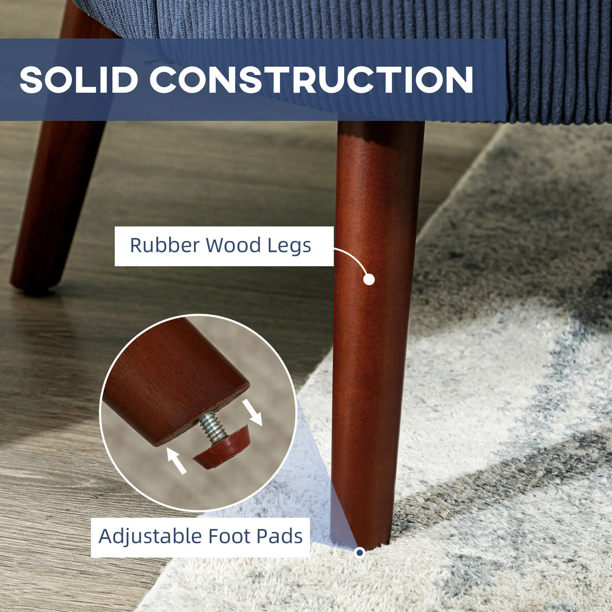 Blue corduroy accent chair on rubber wood legs with adjustable foot pads