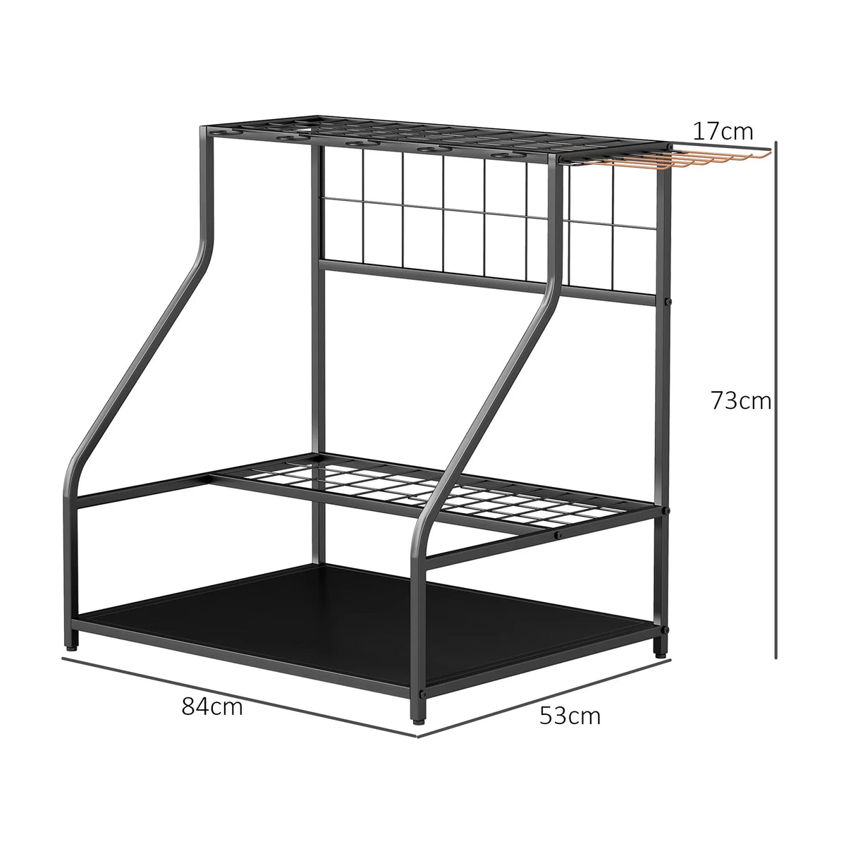 Black 3-tier tool rack with grated shelves and side panels, front measured view