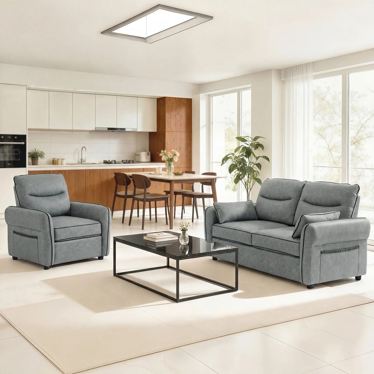 Grey 3-seater faux leather sofa with square arms and deep, padded seating