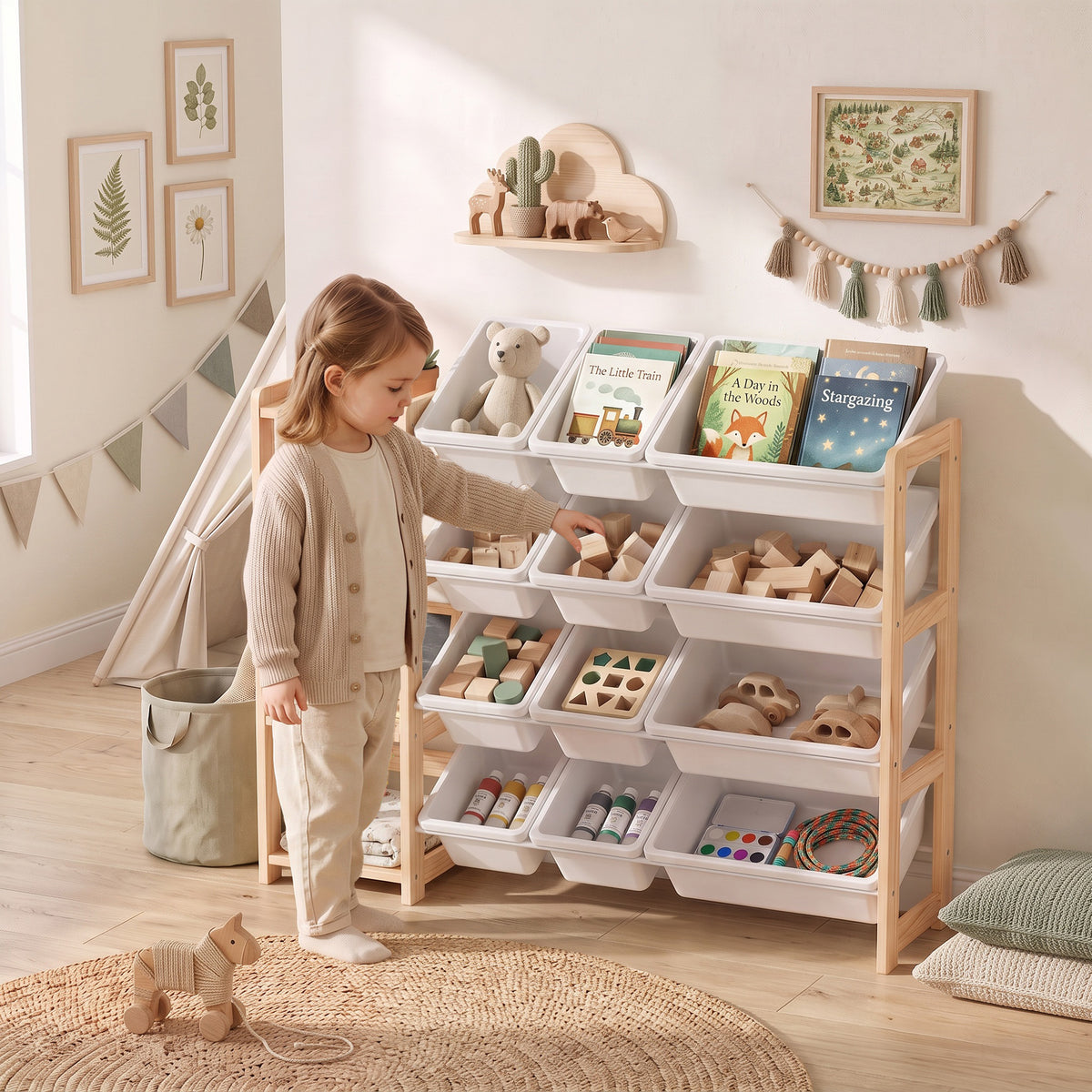 Pine wood toy storage organizer with multiple open white bins for toys and books