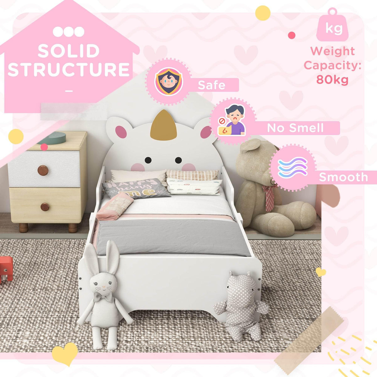 White unicorn toddler bed with horn headboard and open mattress platform