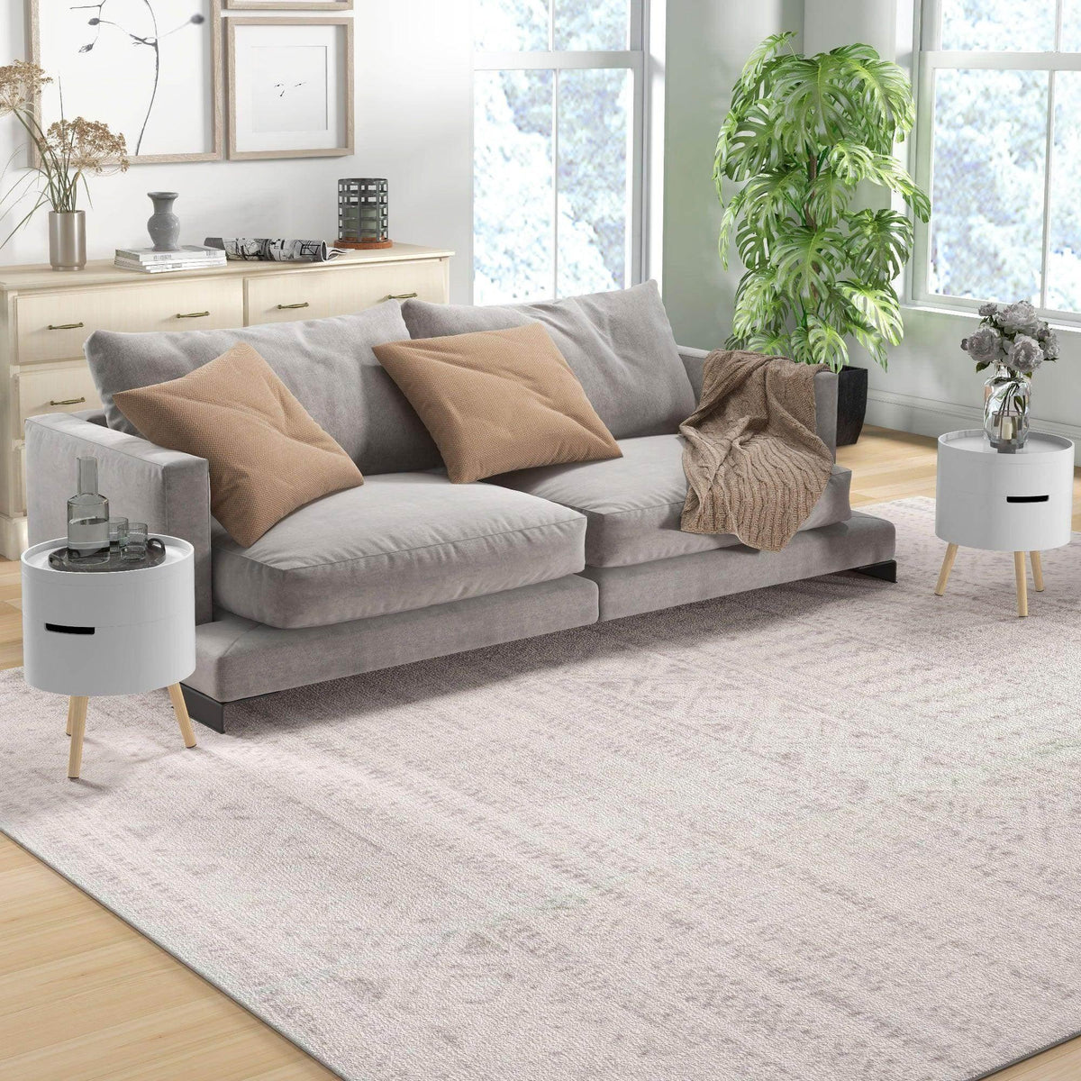 White round side table set with storage and hidden compartments, detachable tray