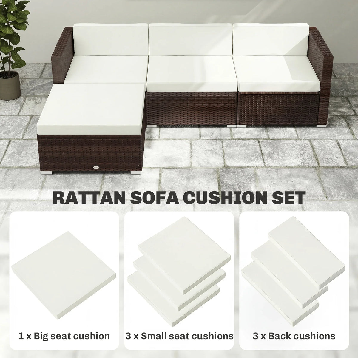 Cream rattan sofa cushion set with big seat, small seat, and back cushions
