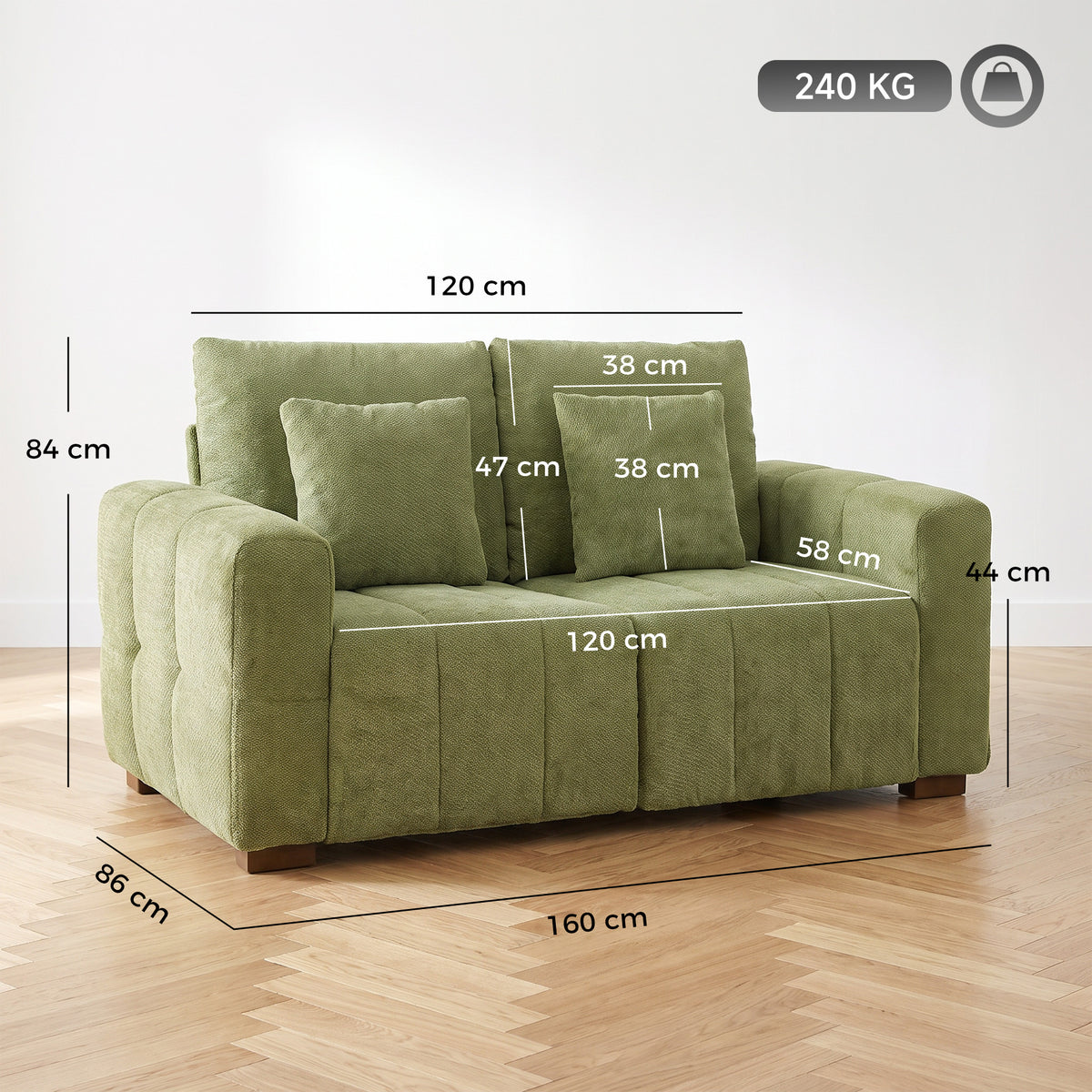 Green velvet 2-seater sofa with thick armrests and cushions, shown with size diagram.