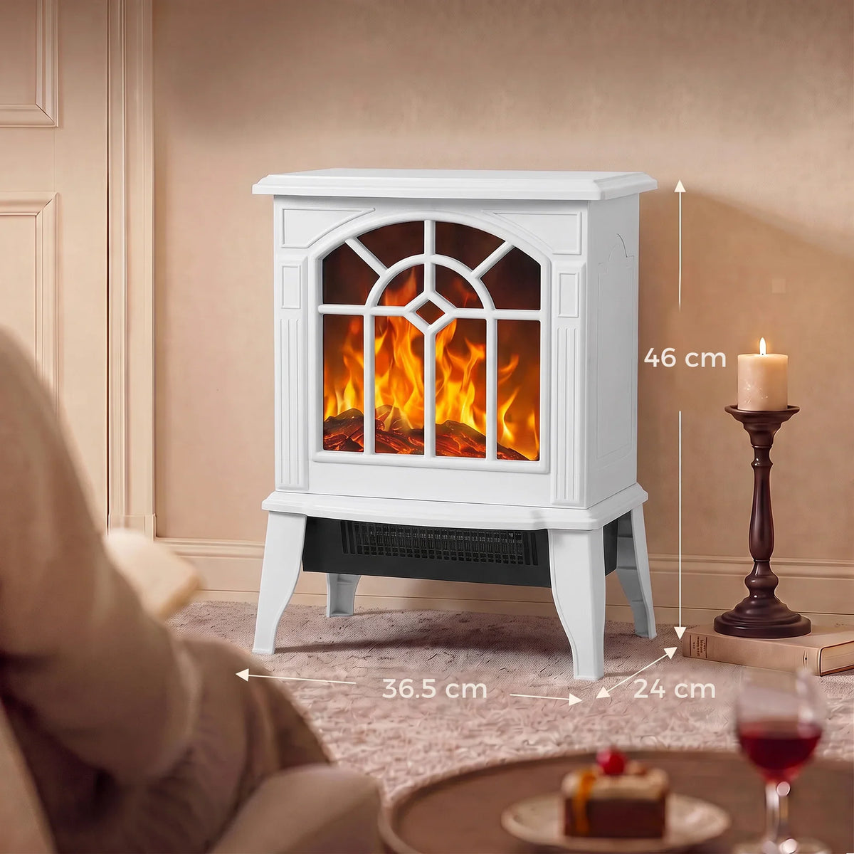 White freestanding electric fireplace with arched glass LED flames and side vents