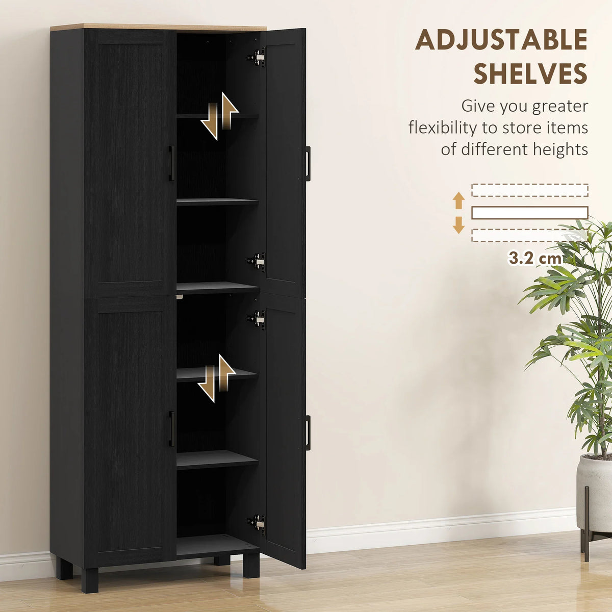 Black cabinet with open doors showing adjustable shelf heights