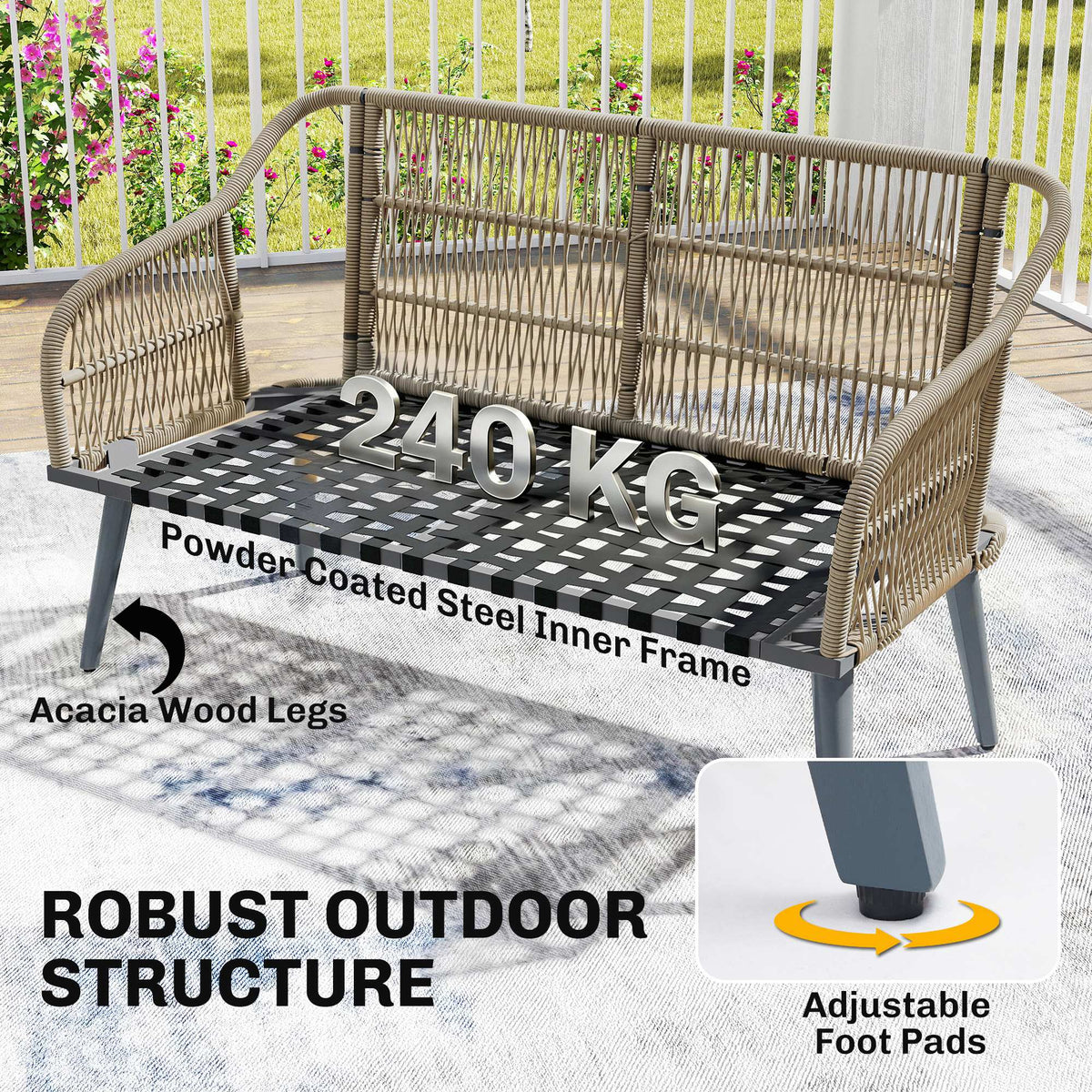 Grey rattan loveseat with dark seat cushion and slatted tabletop, acacia wood legs