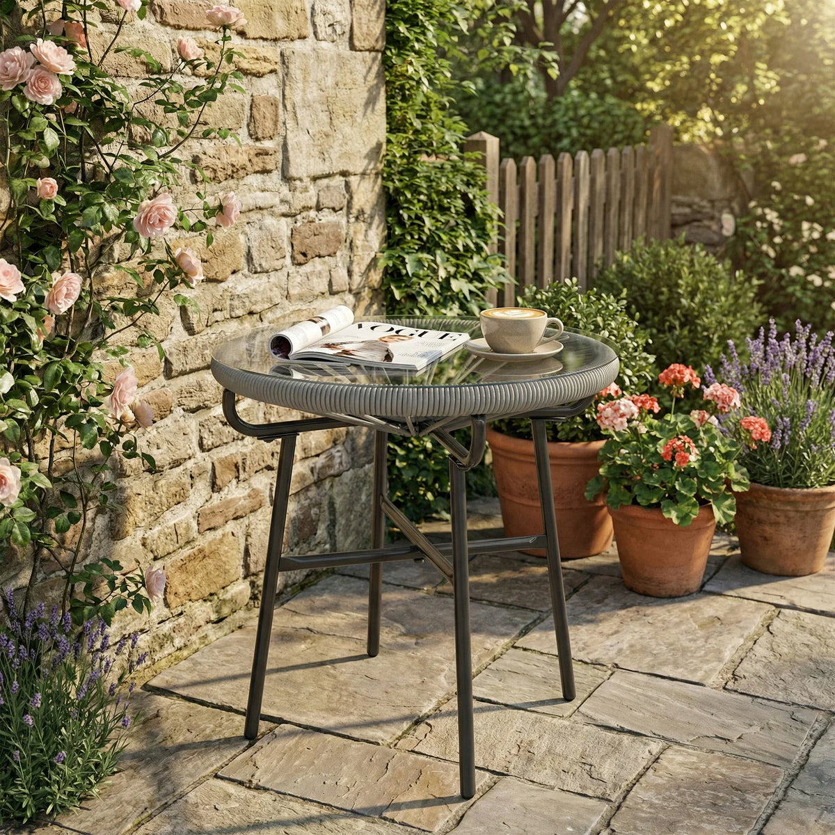 Round rattan side table with tempered glass top and black X-style base legs