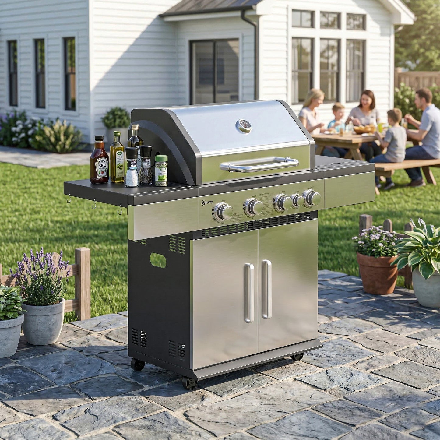 Outsunny 5 Burner Gas BBQ Grill Portable With Side Burner Warming Rack Side Shelf And Storage Cabinet