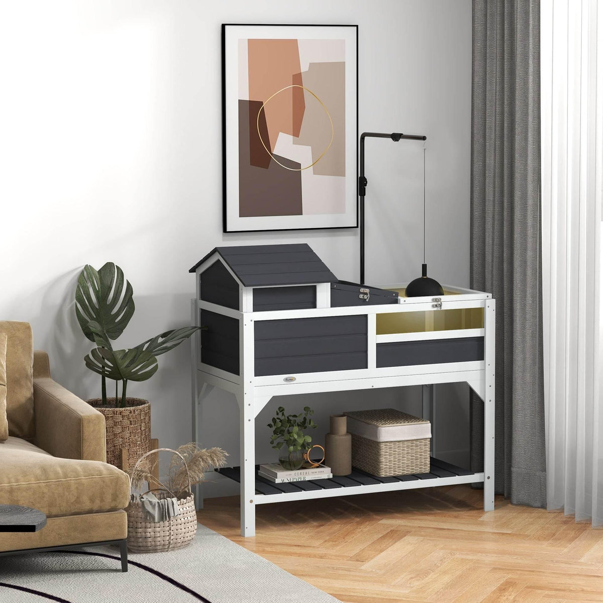 Grey two-level tortoise habitat with house-style top, open shelves, and side window