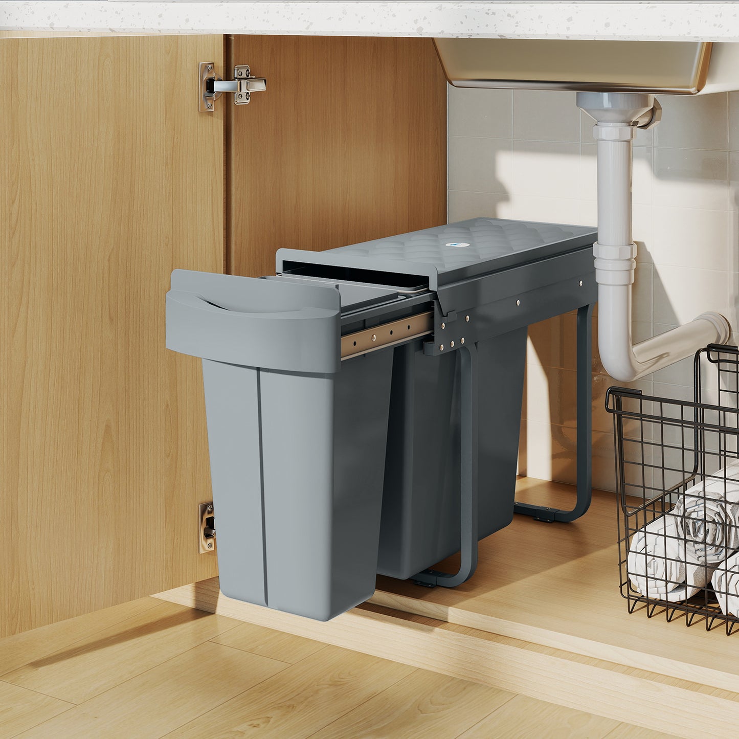 HOMCOM 2 Bin Under Sink Kitchen Trash Bin With Dual 20L And 10L Compartments Removable Bins Diamond Pattern Lid Gray