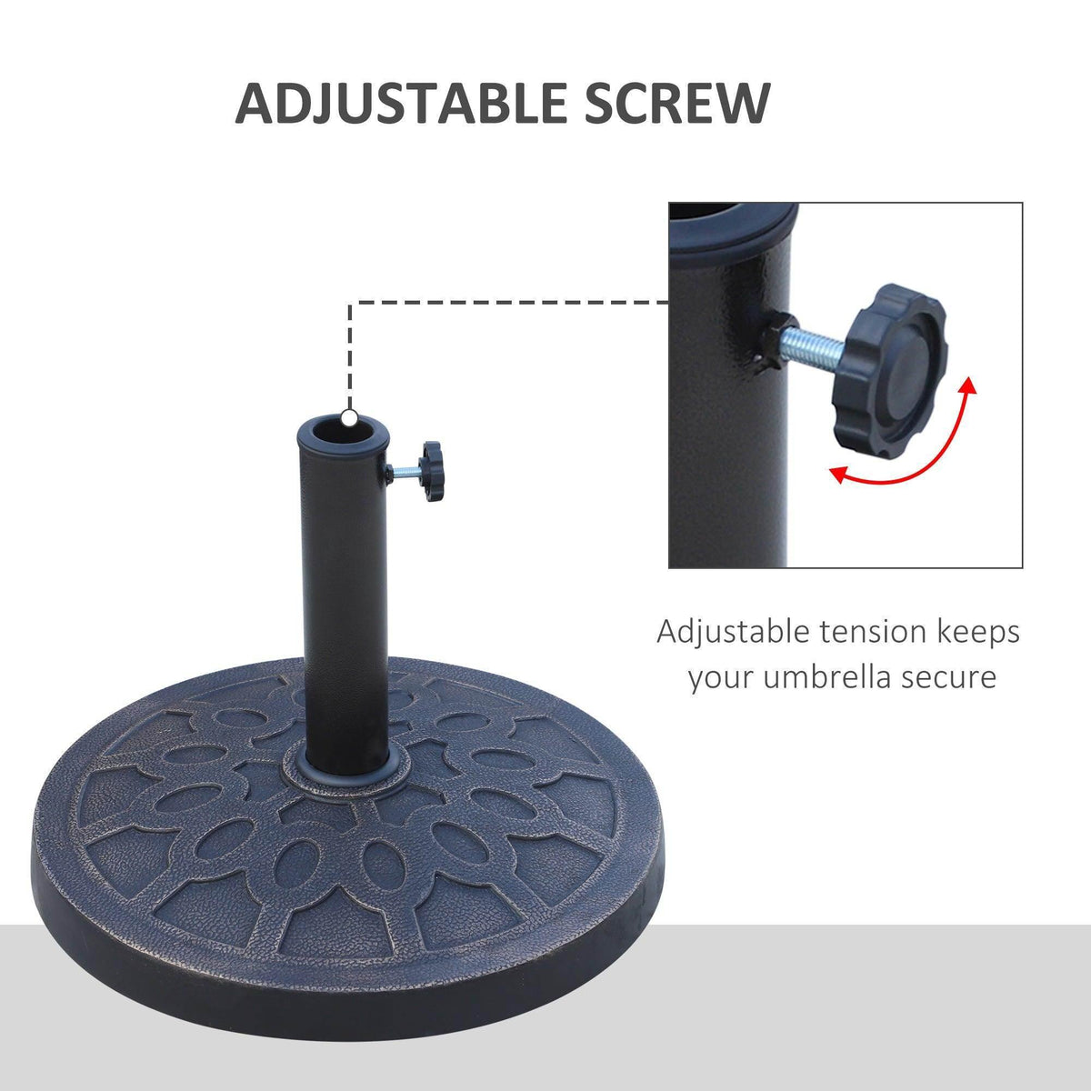 Umbrella stand base with adjustable tension clamp and secure pole opening