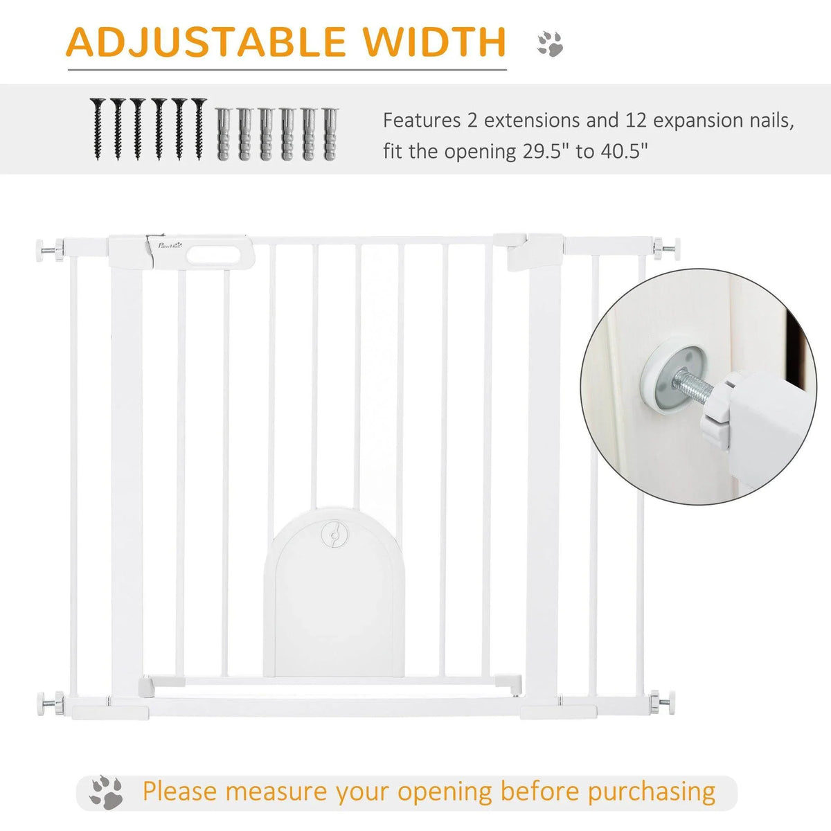 Adjustable-width pet safety gate with extension nails and mounting hardware