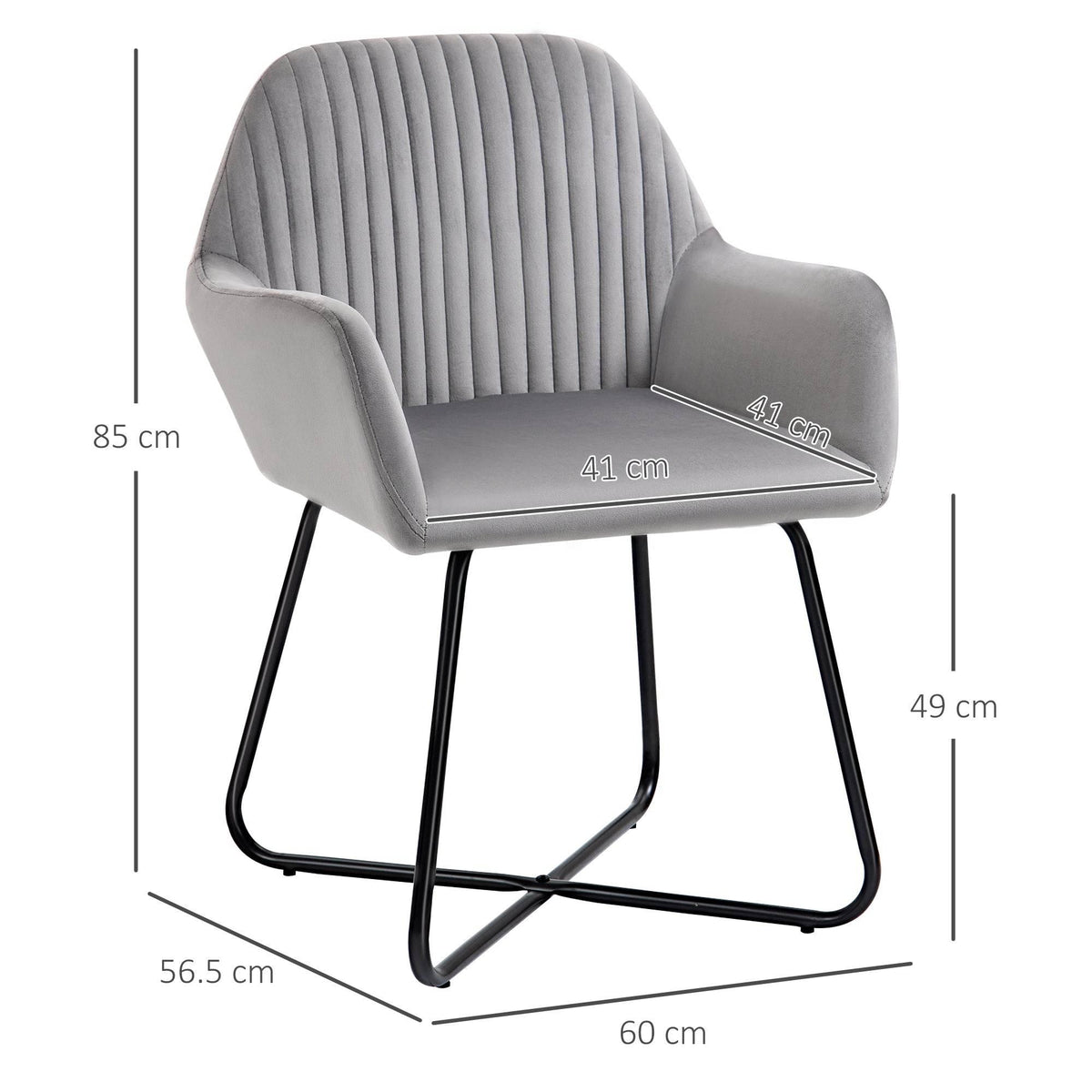 Grey velvet-look accent armchair with channel-tufted back, curved arms, and black metal legs.