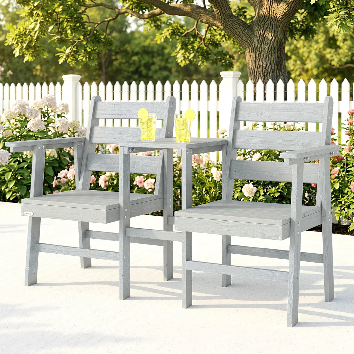 Grey two-seat garden loveseat with embossed slat backs and center table
