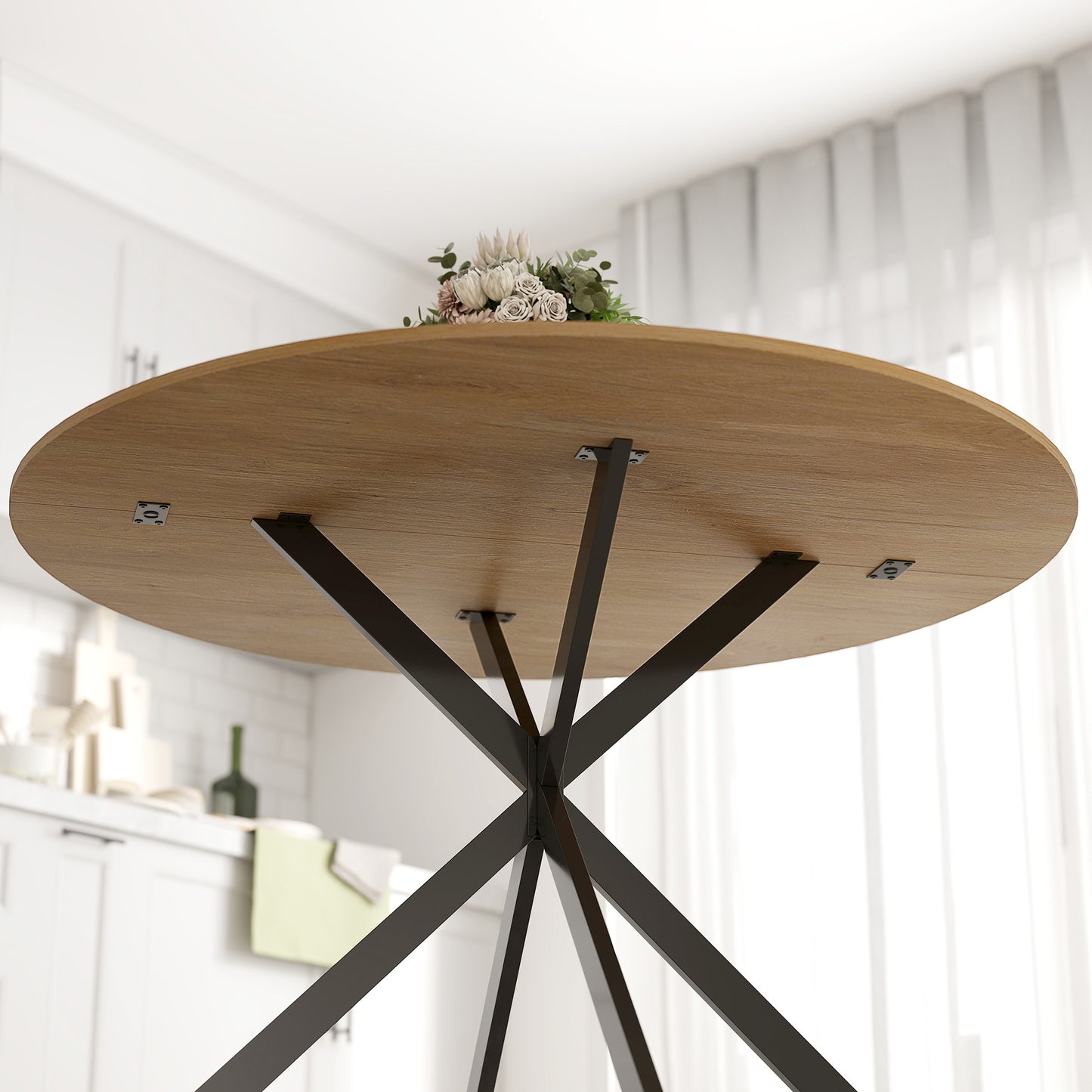 HOMCOM Dining Table For 4, 120 Cm Round Industrial Kitchen Table With Wood Effect Top And Steel Legs, Oak