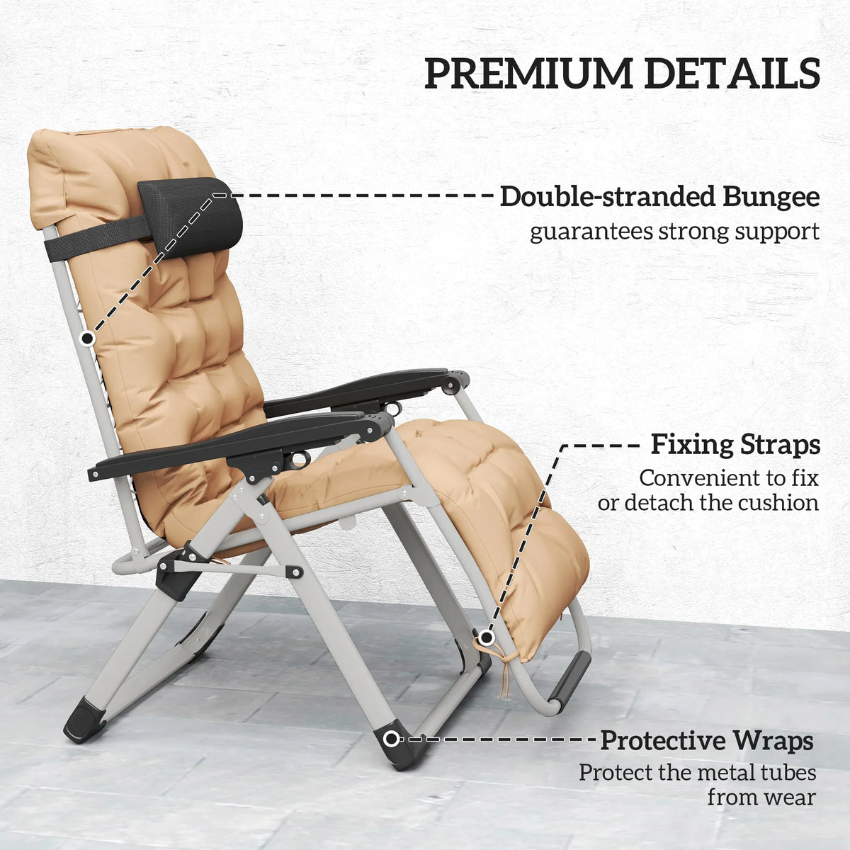 Khaki zero-gravity sun lounger showing padded seat and headrest with support straps